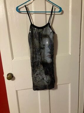Moda Black Sequin Slip Dress with Abstract Face Motif